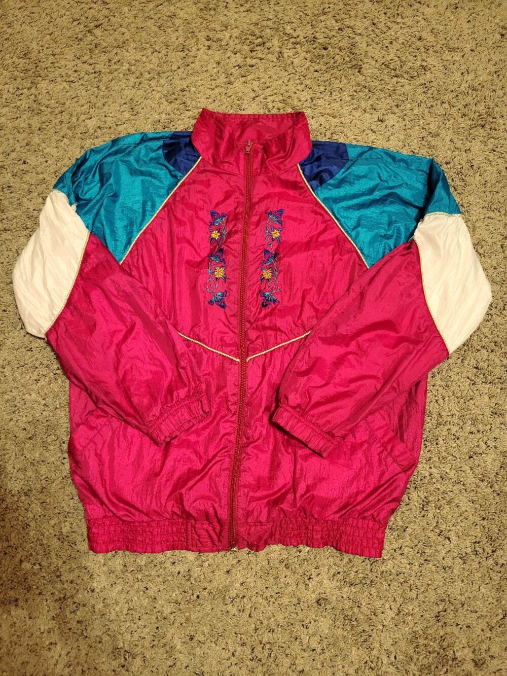 90s Vintage Bold Spirit Color Block Windbreaker Floral Embroidered Womens Medium